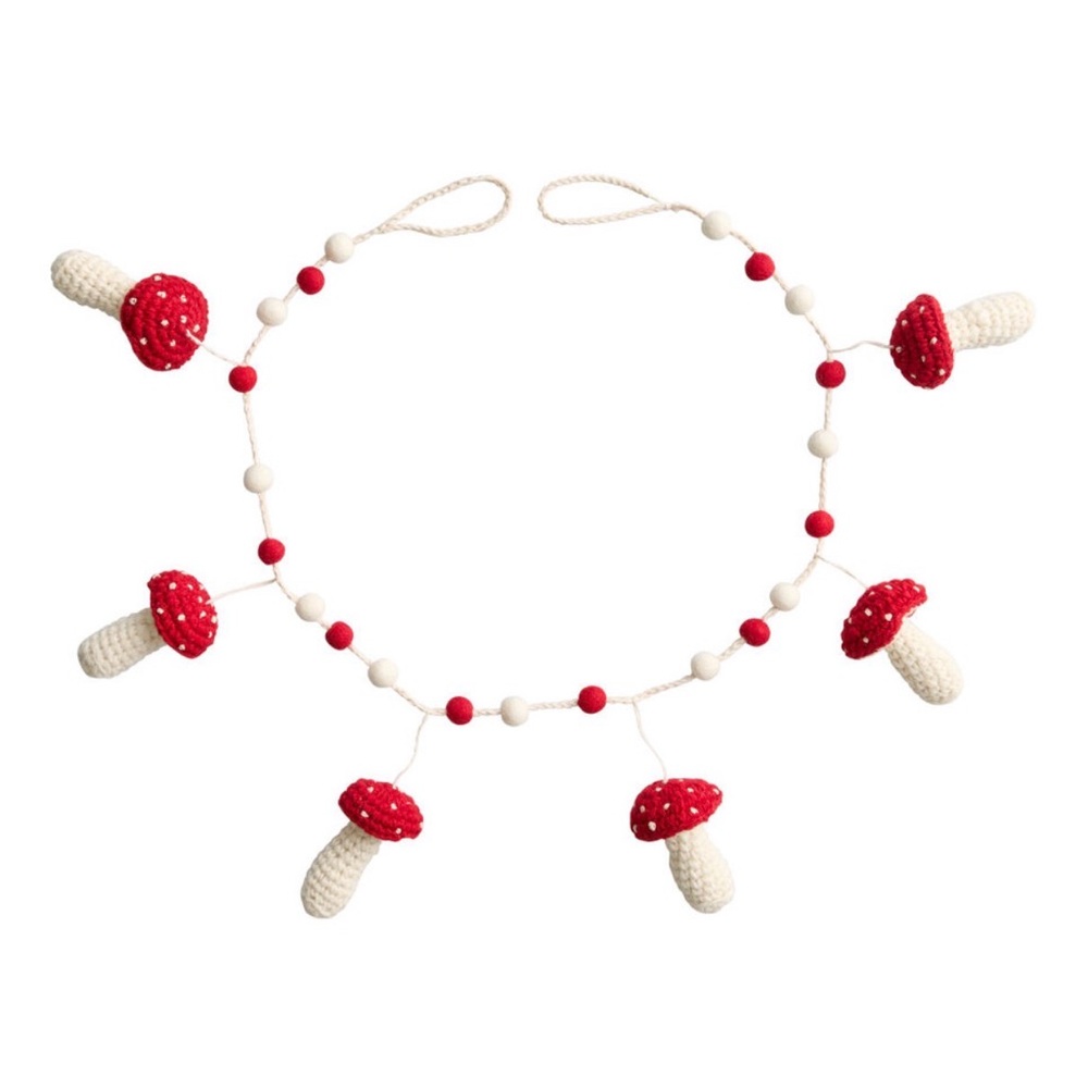 Red and White Crocheted Wool Mushroom Garland 48 inches